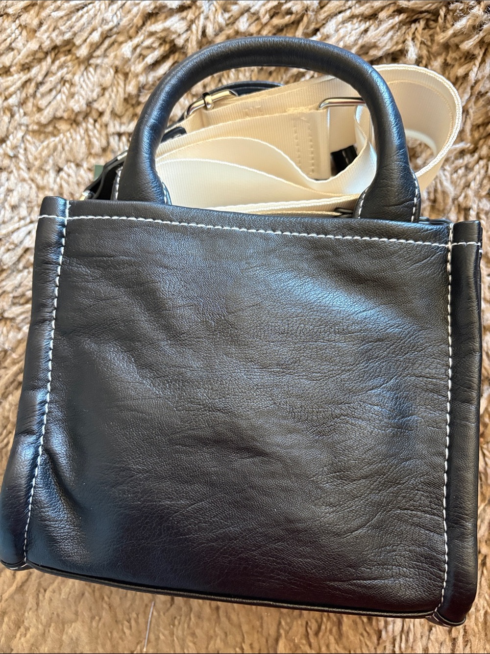 wild fable Black Mini Top-Handle Bag with Cream Strap and White Stitching